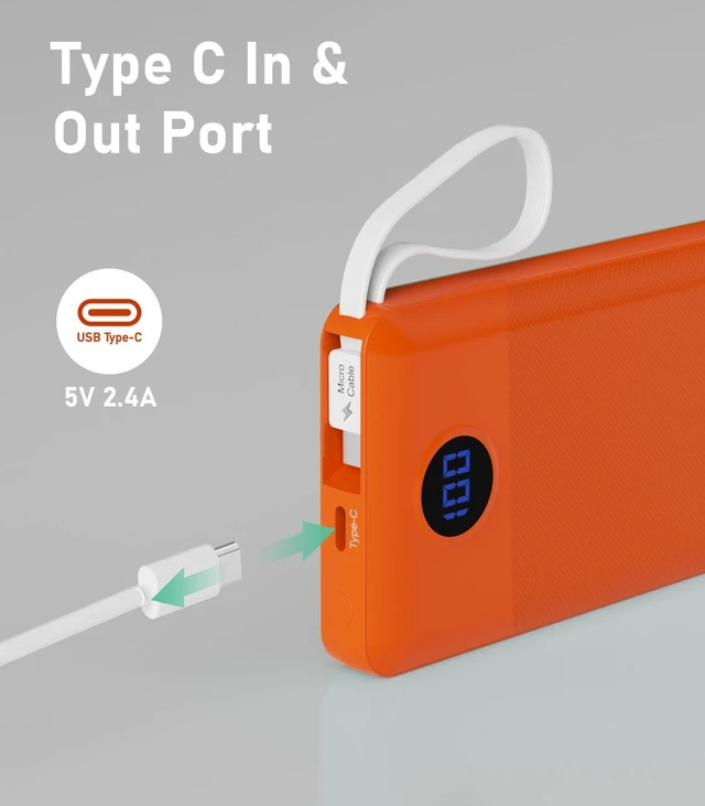 Alt view image 5 of 7 - EEIVOL Portable Charger Built in 4 Cables, 10000mAh Power Bank, Orange