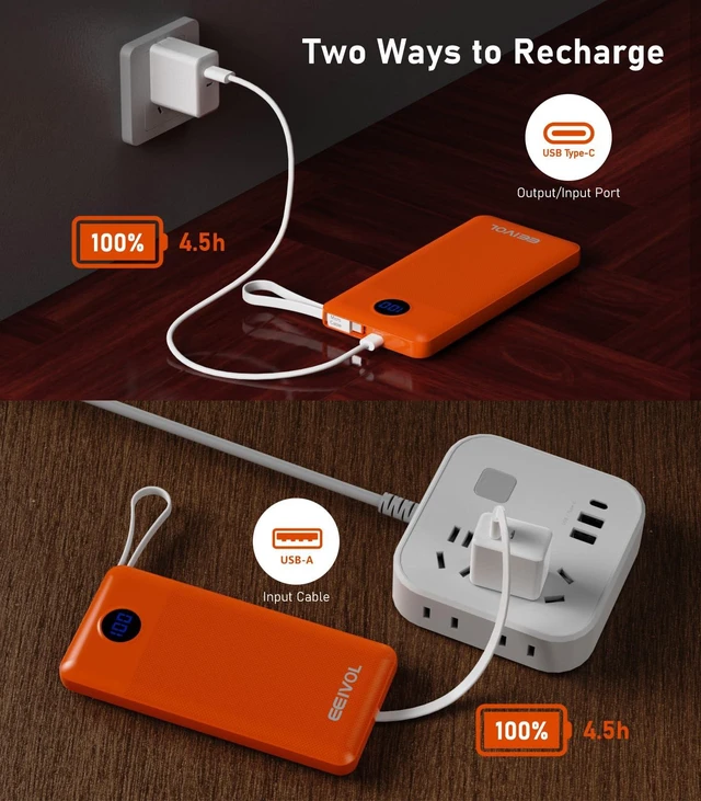 Alt view image 7 of 7 - EEIVOL Portable Charger Built in 4 Cables, 10000mAh Power Bank, Orange