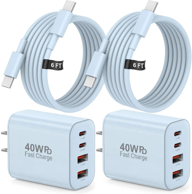 Main image of USB C Charger 6FT iPhone 18 17 16 15 Charger Fast Charging Multiport Power | 2 Pack Multiport Power,Compact Travel Charger for iPhone Duo iPhone 18 Pro iPhone 17 16 15 Charger,Samsung,Android (Blue)