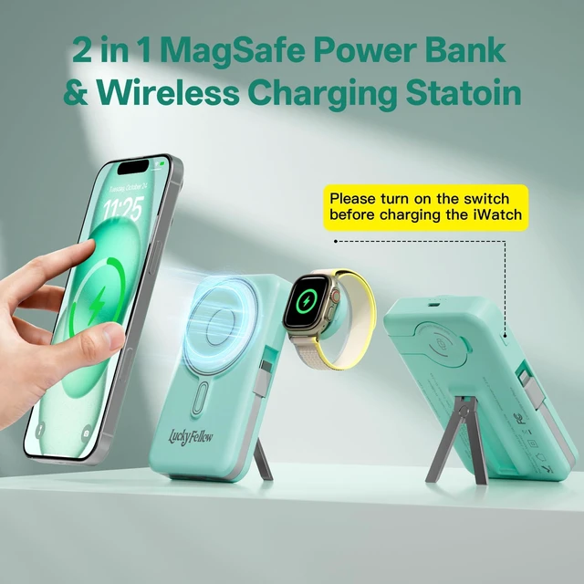 Alt view image 2 of 7 - LUCKYFELLOW Magnetic Portable Charger Built-in Cables,10000mAh Fast Charging Wireless Charger Station External Battery Pack Slim Pocket Size Power Bank with Stand Compatible with iWatch, iPhone