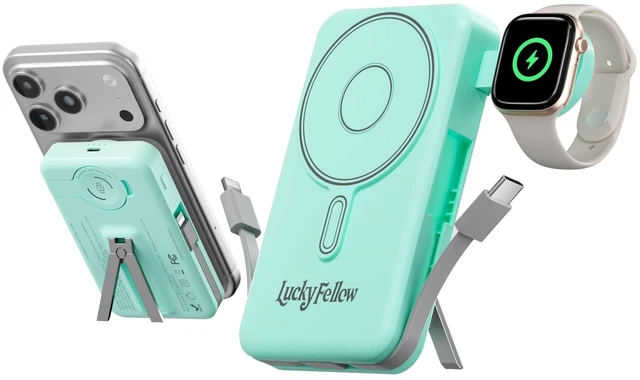 Main image of LUCKYFELLOW Magnetic Portable Charger Built-in Cables,10000mAh Fast Charging Wireless Charger Station External Battery Pack Slim Pocket Size Power Bank with Stand Compatible with iWatch, iPhone