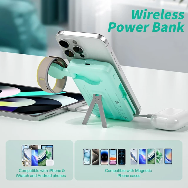 Alt view image 3 of 7 - LUCKYFELLOW Magnetic Portable Charger Built-in Cables,10000mAh Fast Charging Wireless Charger Station External Battery Pack Slim Pocket Size Power Bank with Stand Compatible with iWatch, iPhone