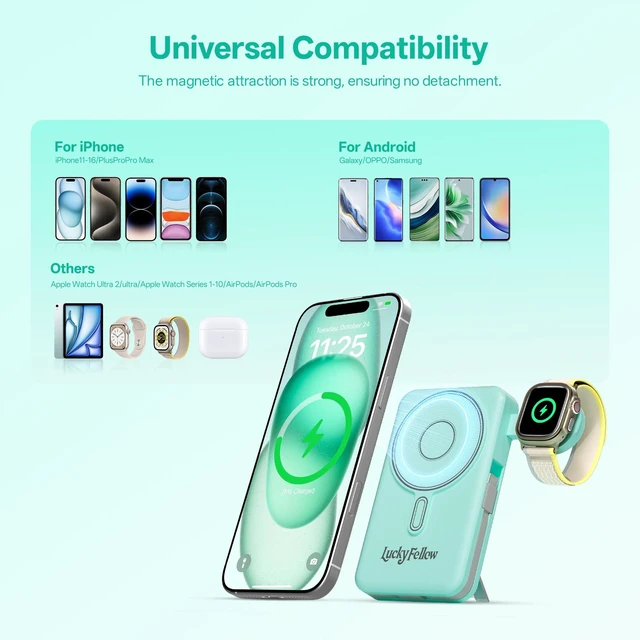 Alt view image 5 of 7 - LUCKYFELLOW Magnetic Portable Charger Built-in Cables,10000mAh Fast Charging Wireless Charger Station External Battery Pack Slim Pocket Size Power Bank with Stand Compatible with iWatch, iPhone