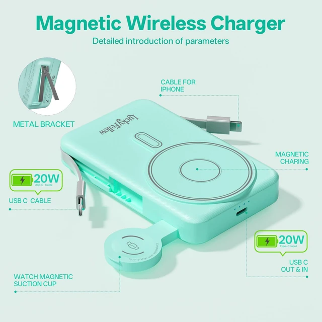 Alt view image 6 of 7 - LUCKYFELLOW Magnetic Portable Charger Built-in Cables,10000mAh Fast Charging Wireless Charger Station External Battery Pack Slim Pocket Size Power Bank with Stand Compatible with iWatch, iPhone