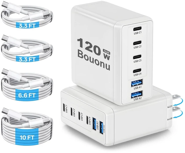 Main image of Bouonu 2 Pack USB C Charger Block with 4 USB Cables 120W GaN Type C Fast | Charging 6 Port Foldable for iPhone 17/16 Series, Pixel, iPad, Samsung Galaxy Series (White)