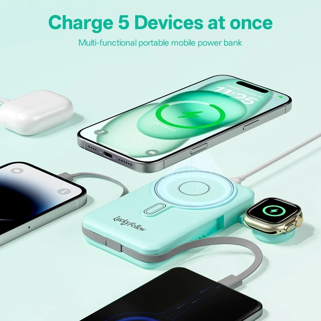 Alt view image 7 of 7 - LUCKYFELLOW Magnetic Portable Charger Built-in Cables,10000mAh Fast Charging Wireless Charger Station External Battery Pack Slim Pocket Size Power Bank with Stand Compatible with iWatch, iPhone