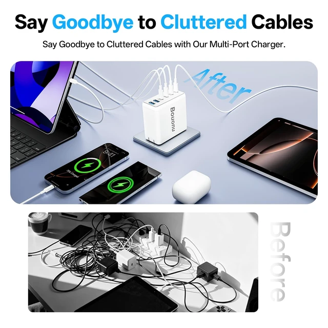 Alt view image 6 of 7 - Bouonu 2 Pack USB C Charger Block with 4 USB Cables 120W GaN Type C Fast | Charging 6 Port Foldable for iPhone 17/16 Series, Pixel, iPad, Samsung Galaxy Series (White)