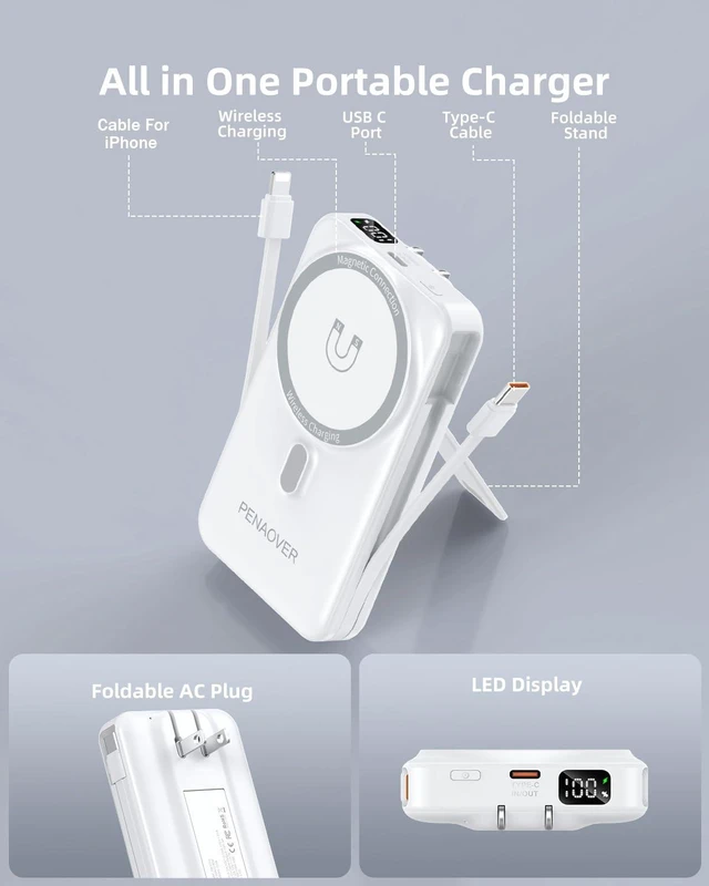Alt view image 2 of 7 - for Magsafe Magnetic Portable Charger for iPhone, 10000mAh Wireless Power Bank with Built-in Cable & AC Wall Plug, PD 22.5W Fast Charging Battery Pack with Stand, LED Display for iPhone All Series