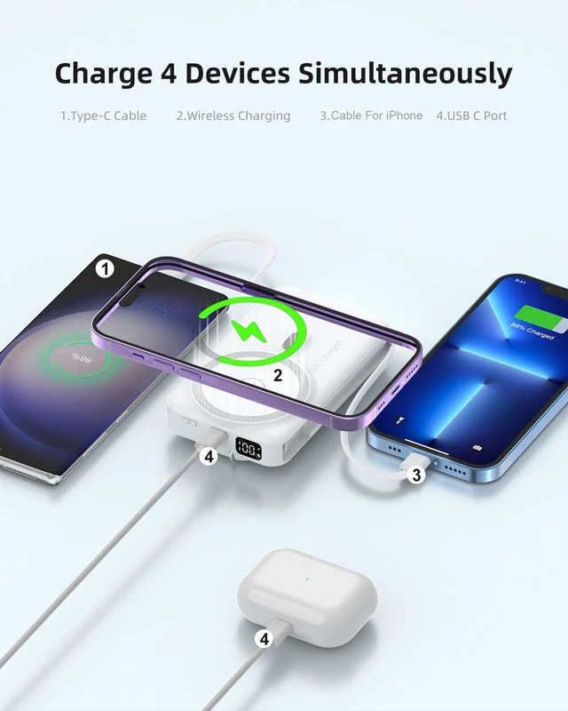Alt view image 6 of 7 - for Magsafe Magnetic Portable Charger for iPhone, 10000mAh Wireless Power Bank with Built-in Cable & AC Wall Plug, PD 22.5W Fast Charging Battery Pack with Stand, LED Display for iPhone All Series