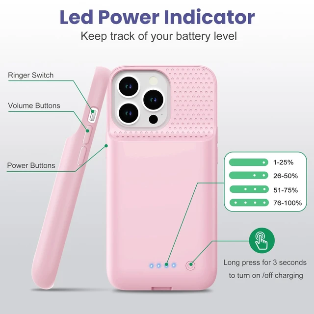 Alt view image 3 of 7 - Battery Case for iPhone 14/13 Pro/13, 7500mAh Rechargeable Portable Charging Case, 360° Protection Extended Battery Charger Cover Battery Pack Compatible with iPhone 13/13 Pro/14 (6.1 inch)-Pink