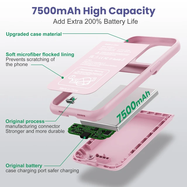 Alt view image 6 of 7 - Battery Case for iPhone 14/13 Pro/13, 7500mAh Rechargeable Portable Charging Case, 360° Protection Extended Battery Charger Cover Battery Pack Compatible with iPhone 13/13 Pro/14 (6.1 inch)-Pink