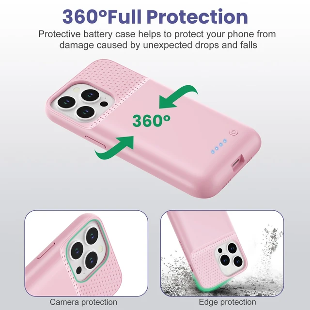 Alt view image 7 of 7 - Battery Case for iPhone 14/13 Pro/13, 7500mAh Rechargeable Portable Charging Case, 360° Protection Extended Battery Charger Cover Battery Pack Compatible with iPhone 13/13 Pro/14 (6.1 inch)-Pink