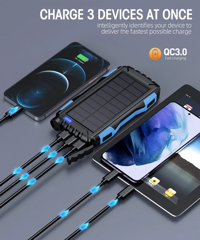 Alt view image 3 of 7 - Mregb Solar Charger Power Bank 42800mAh, Portable Charger, Solar Power Bank,External Battery Pack 5V3.1A Qc 3.0 Fast Charger Built-in Super Bright Flashlight (Blue)