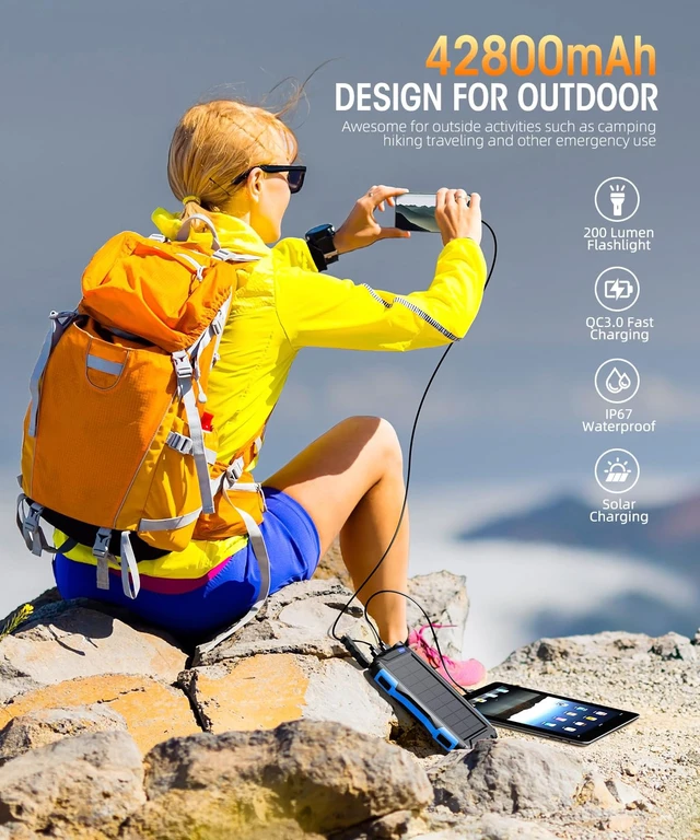 Alt view image 7 of 7 - Mregb Solar Charger Power Bank 42800mAh, Portable Charger, Solar Power Bank,External Battery Pack 5V3.1A Qc 3.0 Fast Charger Built-in Super Bright Flashlight (Blue)