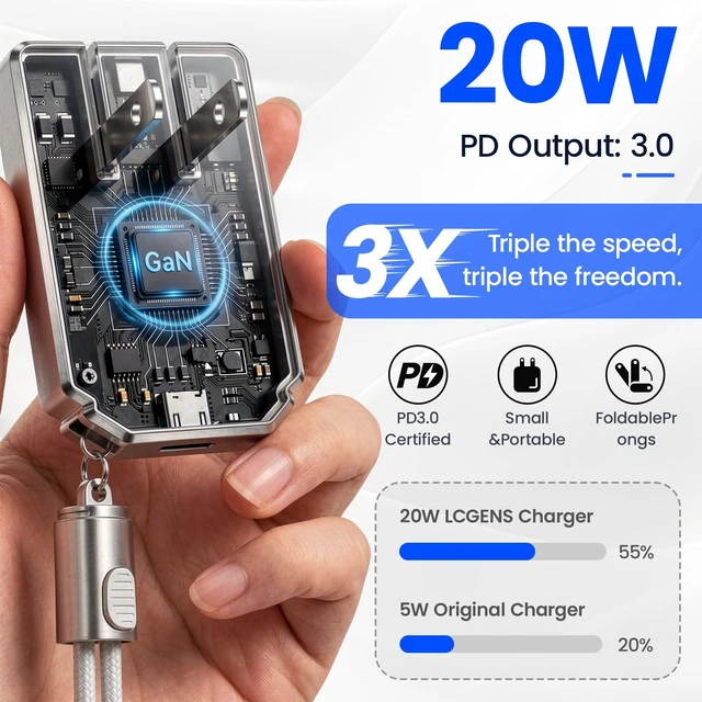 Alt view image 3 of 7 - USB C Charger Fast Charging, GaN Keychain Portable Quick Charger with 2 Pack USB Type C to Lightning, Wall Charger Block Foldable Ultra-Compact Adapter for iPad, iPhone 17/16/15 Pro(Silver)