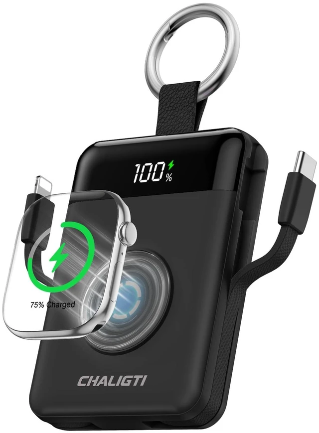 Main image of CHALIGTI 10000mAh Portable Charger,22.5W Power Bank& iWatch Charger,Black | LED Display,Built-in Cables,Super Fast Charging,Travel Keychain Battery Pack for iPhone 18/17/16/15/14/13,Apple Watch Series