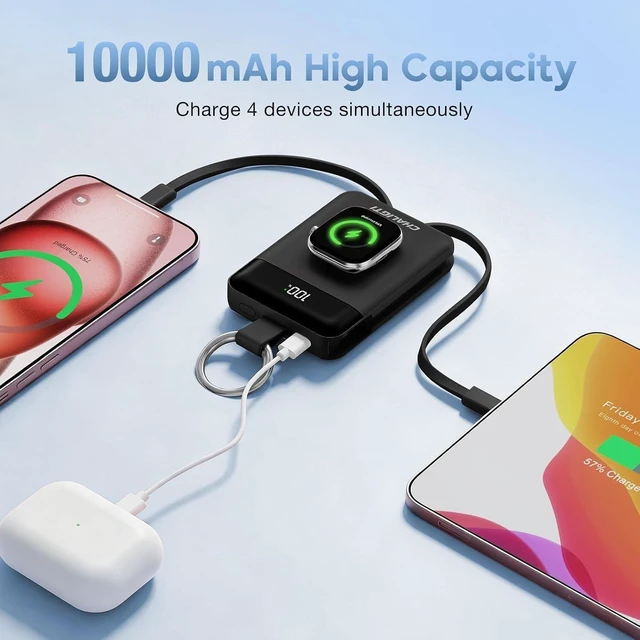 Alt view image 2 of 7 - CHALIGTI 10000mAh Portable Charger,22.5W Power Bank& iWatch Charger,Black | LED Display,Built-in Cables,Super Fast Charging,Travel Keychain Battery Pack for iPhone 18/17/16/15/14/13,Apple Watch Series
