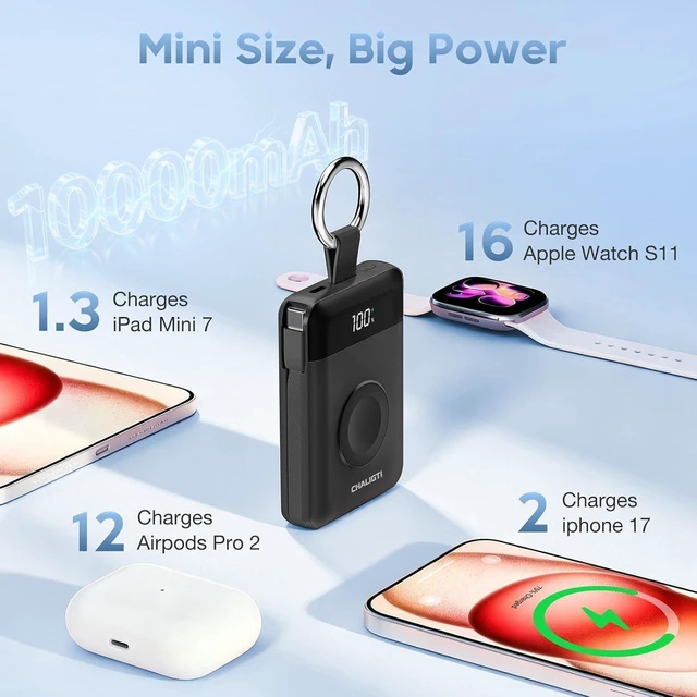 Alt view image 4 of 7 - CHALIGTI 10000mAh Portable Charger,22.5W Power Bank& iWatch Charger,Black | LED Display,Built-in Cables,Super Fast Charging,Travel Keychain Battery Pack for iPhone 18/17/16/15/14/13,Apple Watch Series