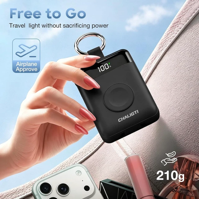 Alt view image 6 of 7 - CHALIGTI 10000mAh Portable Charger,22.5W Power Bank& iWatch Charger,Black | LED Display,Built-in Cables,Super Fast Charging,Travel Keychain Battery Pack for iPhone 18/17/16/15/14/13,Apple Watch Series