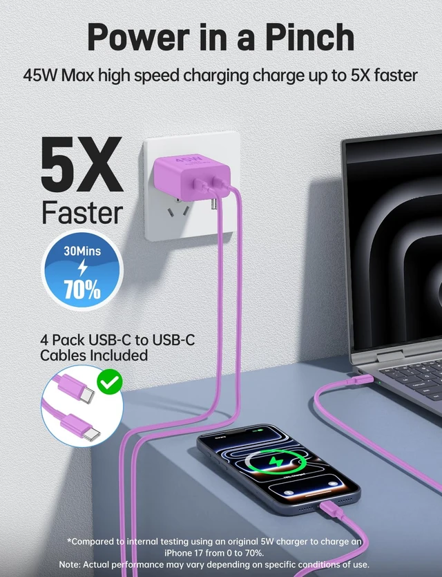 Alt view image 3 of 7 - 45W iPhone 18 17 16 Pro Max Charger Fast Charging,2 Dual Port USB C Charger | PD 3.0 Wall Plug Charger with Long 3/6/6/10FT USB C to C Cable for iPhone 18 Pro Max/17/16/15/iPhone Duo/iPad Pro/S26
