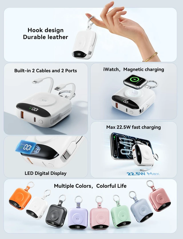 Alt view image 2 of 7 - BLJIB Portable Charger 10000mAh 22.5W Power Bank Built-in 2 Cables Keychain Charge 5 Devices, TSA approved, Travel Fast Charging Battery Pack for iPhone Samsung Google Android & iWatch Charger, White