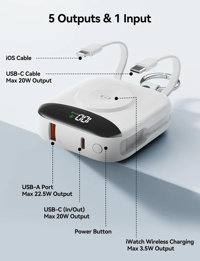 Alt view image 4 of 7 - BLJIB Portable Charger 10000mAh 22.5W Power Bank Built-in 2 Cables Keychain Charge 5 Devices, TSA approved, Travel Fast Charging Battery Pack for iPhone Samsung Google Android & iWatch Charger, White