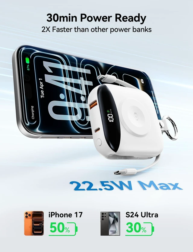 Alt view image 6 of 7 - BLJIB Portable Charger 10000mAh 22.5W Power Bank Built-in 2 Cables Keychain Charge 5 Devices, TSA approved, Travel Fast Charging Battery Pack for iPhone Samsung Google Android & iWatch Charger, White