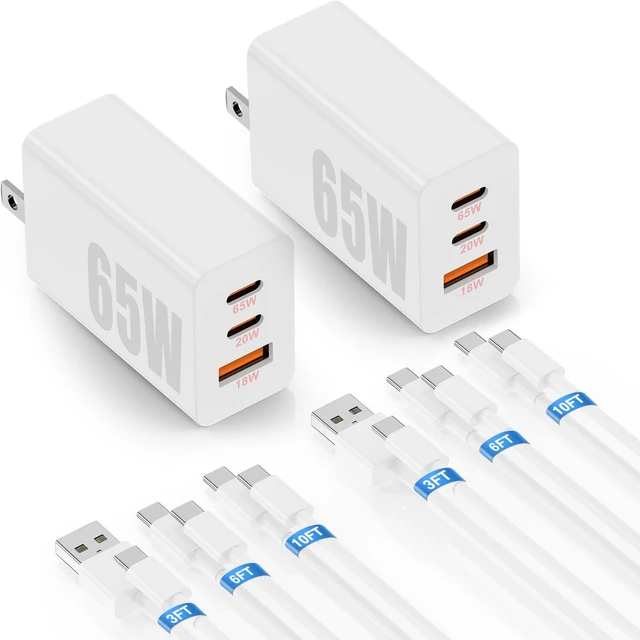 Main image of 65W Super Fast Charger PD3.0&6/10FT USBC Cable for iPhone iPad Air, MacBook | 3-Port GaN Type-C Charging Block PD/QC 3.0 for 17/16/15 Pro Max,Plus Samsung Galaxy S26/S25/S24,Tab, Android 3/6/10FT Cord