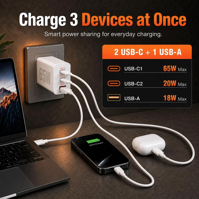 Alt view image 7 of 7 - 65W Super Fast Charger PD3.0&6/10FT USBC Cable for iPhone iPad Air, MacBook | 3-Port GaN Type-C Charging Block PD/QC 3.0 for 17/16/15 Pro Max,Plus Samsung Galaxy S26/S25/S24,Tab, Android 3/6/10FT Cord