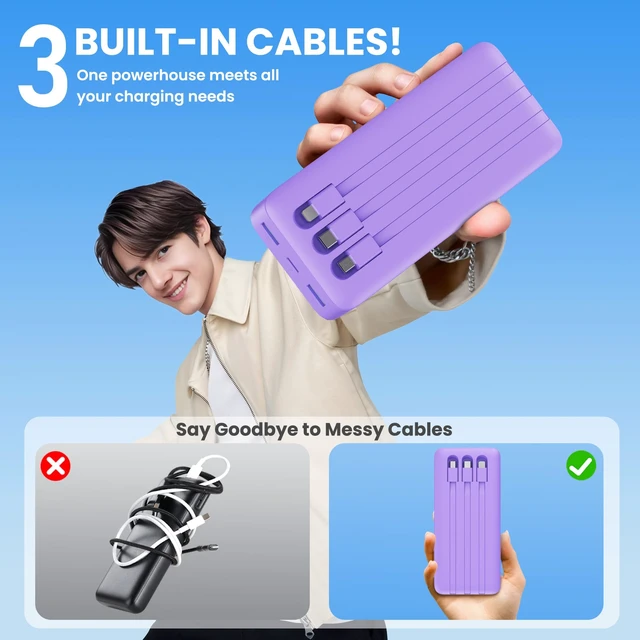 Alt view image 5 of 7 - Portable Charger 50800mAh Power Bank with 3 Built in Cables,25W PD QC4.0 Fast Charging USB C Battery Pack,6 Outputs 2 Inputs Travel Essentials Phone Charger for iPhone 18/17/16/15/Pro,Android,Purple