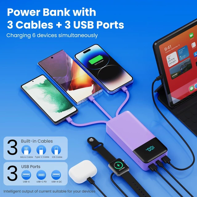 Alt view image 3 of 7 - Portable Charger 50800mAh Power Bank with 3 Built in Cables,25W PD QC4.0 Fast Charging USB C Battery Pack,6 Outputs 2 Inputs Travel Essentials Phone Charger for iPhone 18/17/16/15/Pro,Android,Purple
