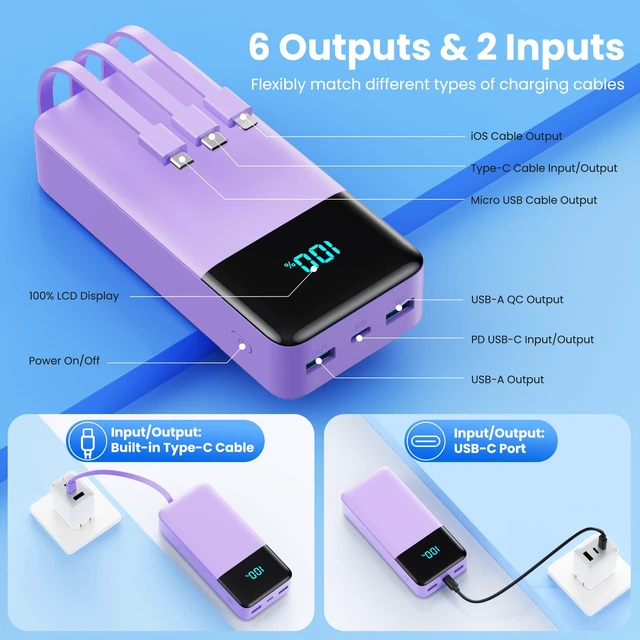 Alt view image 6 of 7 - Portable Charger 50800mAh Power Bank with 3 Built in Cables,25W PD QC4.0 Fast Charging USB C Battery Pack,6 Outputs 2 Inputs Travel Essentials Phone Charger for iPhone 18/17/16/15/Pro,Android,Purple