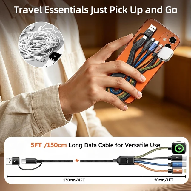 Alt view image 7 of 7 - Travel Essentials 4 in 2 Multi Charging Cable for iWatch Charger 2Pack,5FT Camping/Vacation/Cruise Essentials 2026 with Dual Type-C/ Apple Watch Charger/IP for iWatch 11-1/Ultra 3-1,iPhone 17-8,Galaxy