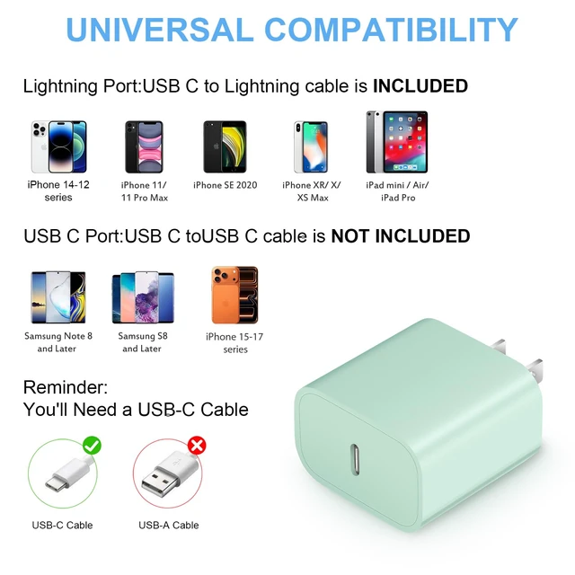 Alt view image 4 of 7 - iPhone Fast Charger 3+3Pack 20W USB C Wall Charger with 6FT Fast Charging Cable Compatible with iPhone 14/13/12/11/Pro/Pro Max-Green