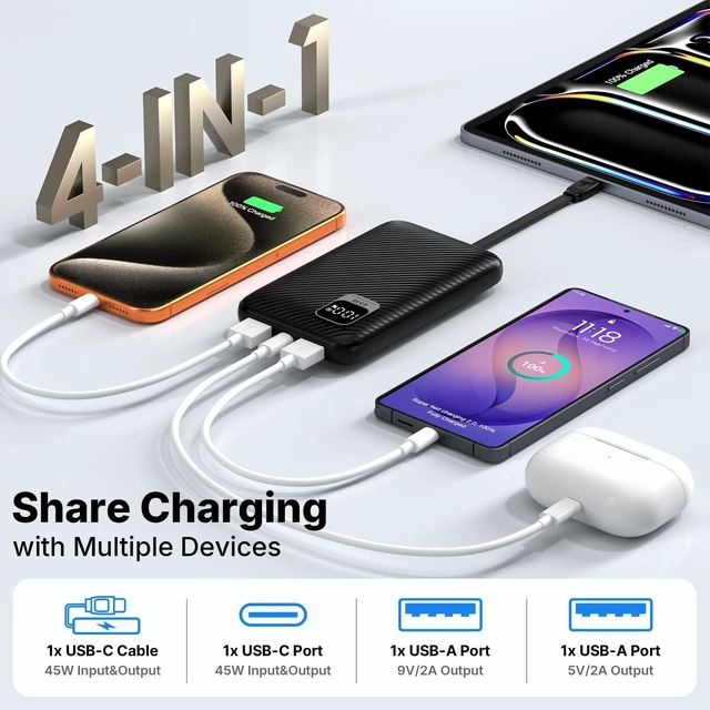 Alt view image 3 of 7 - 45W Super Fast Charging 2.0 Portable Charger 10000mAh Power Bank with Cable 10000mAh Slim USB C Battery Pack, for Samsung Galaxy S26 Ultra/S26/S26+/S25 Ultra/S25/S24 Ultra/S23 Ultra/S22 Ultra/Note 20