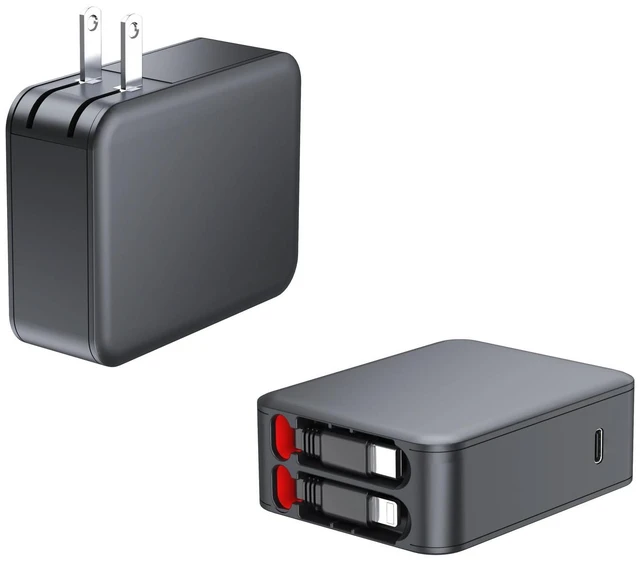 Alt view image 2 of 7 - Wall Charger, GaN Fast Charging, Retractable Dual Cables, USBC Port, Folding Plug, Compact Travel Multi Charging Block for iPhone, Samsung, Tables, iPad