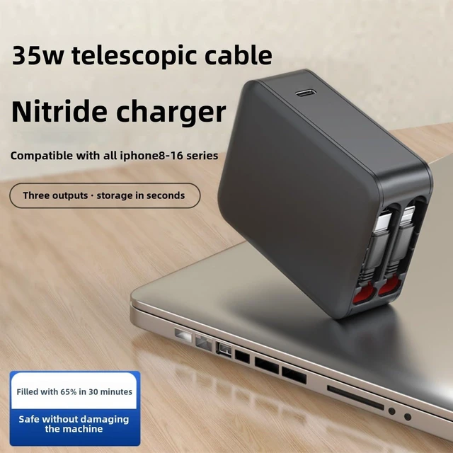 Alt view image 4 of 7 - Wall Charger, GaN Fast Charging, Retractable Dual Cables, USBC Port, Folding Plug, Compact Travel Multi Charging Block for iPhone, Samsung, Tables, iPad