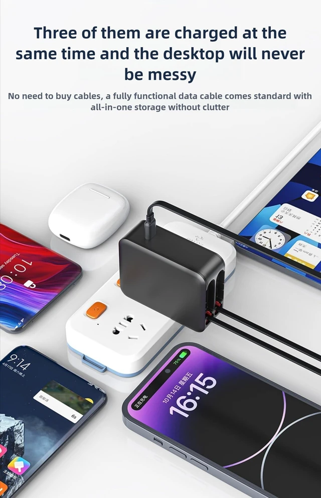 Alt view image 7 of 7 - Wall Charger, GaN Fast Charging, Retractable Dual Cables, USBC Port, Folding Plug, Compact Travel Multi Charging Block for iPhone, Samsung, Tables, iPad
