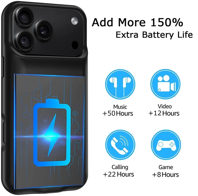 Alt view image 3 of 7 - Battery Case for iPhone 18 Pro Max, 12000mAh Pack Rechargeable Charger Case Support Carplay Wireless Charging Compatible for iPhone 18 Pro Max (6.9 inch) External Battery Charging Cover (Black)