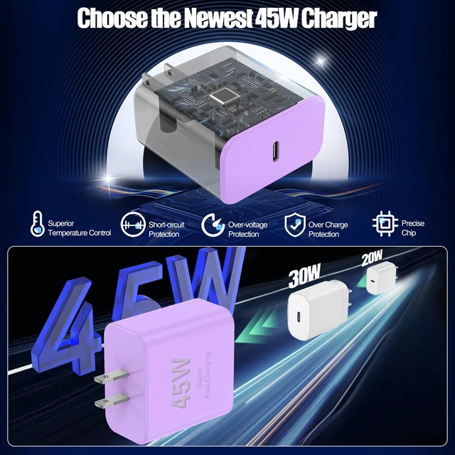 Alt view image 5 of 7 - 45W iPhone 18 17 16 Pro Max Charger Fast Charging with Type C Fast Cable | 2Pack PD 3.0 Super Fast Wall Chager with 60W 10FT USB C Cable for iPhone 18/17/16 Pro Max, iPad Pro, MacBook Air/Pro-Purple