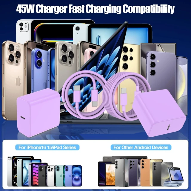 Alt view image 7 of 7 - 45W iPhone 18 17 16 Pro Max Charger Fast Charging with Type C Fast Cable | 2Pack PD 3.0 Super Fast Wall Chager with 60W 10FT USB C Cable for iPhone 18/17/16 Pro Max, iPad Pro, MacBook Air/Pro-Purple