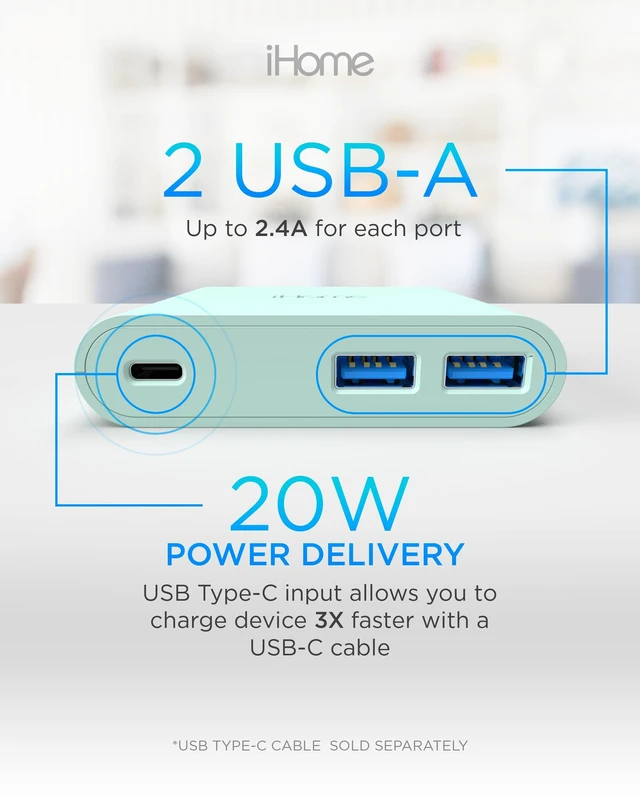 Alt view image 6 of 7 - iHome 32W MultiPort Wall Charger Block 3 Ports 1 USB-C 2 USB-A | Fast Charging, Power Delivery, Foldable Prongs, Slim Flat Design, iPhone, iPad, Apple Watch, AirPods, Universal Compatibility