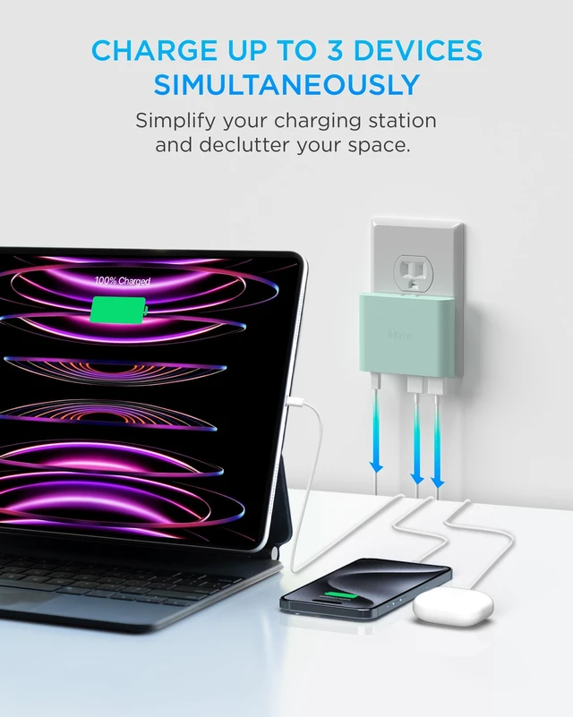 Alt view image 2 of 7 - iHome 32W MultiPort Wall Charger Block 3 Ports 1 USB-C 2 USB-A | Fast Charging, Power Delivery, Foldable Prongs, Slim Flat Design, iPhone, iPad, Apple Watch, AirPods, Universal Compatibility