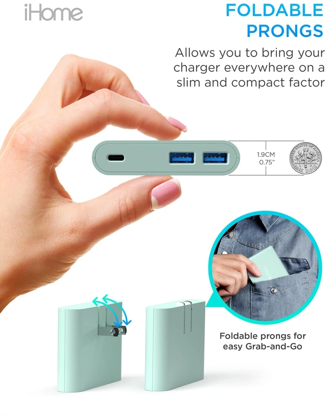 Alt view image 5 of 7 - iHome 32W MultiPort Wall Charger Block 3 Ports 1 USB-C 2 USB-A | Fast Charging, Power Delivery, Foldable Prongs, Slim Flat Design, iPhone, iPad, Apple Watch, AirPods, Universal Compatibility
