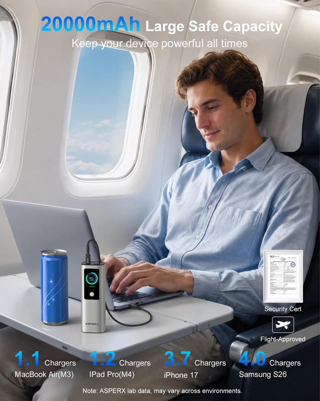 Alt view image 3 of 7 - ASPERX Laptop Power Bank, 165W 20,000mAh, Aluminum Unibody, TFT Display | Fast Charging Battery Bank Portable Charger Power Bank for MacBook Pro/Air/iPhone 17/iPad Pro/S26 Ultra/Dell/HP(TSA-Approved)