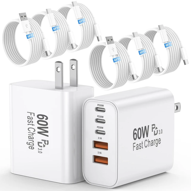 Main image of 60W USB C Charging Block 2-Pack with 6FT Cable (C-C & A-C) 6-Pack, 5-Port Wall Fast Charger Multiport Charging Station, Travel Essentials for iPhone 17 16 15 Pro Max,iPad,Samsung Galaxy,Office & Home