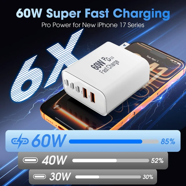 Alt view image 2 of 14 - 60W USB C Charging Block 2-Pack with 6FT Cable (C-C & A-C) 6-Pack, 5-Port Wall Fast Charger Multiport Charging Station, Travel Essentials for iPhone 17 16 15 Pro Max,iPad,Samsung Galaxy,Office & Home