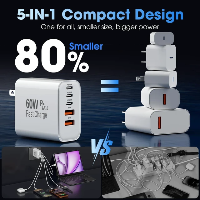 Alt view image 5 of 14 - 60W USB C Charging Block 2-Pack with 6FT Cable (C-C & A-C) 6-Pack, 5-Port Wall Fast Charger Multiport Charging Station, Travel Essentials for iPhone 17 16 15 Pro Max,iPad,Samsung Galaxy,Office & Home