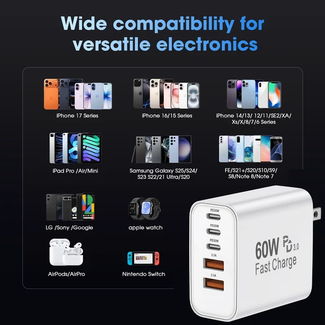 Alt view image 7 of 14 - 60W USB C Charging Block 2-Pack with 6FT Cable (C-C & A-C) 6-Pack, 5-Port Wall Fast Charger Multiport Charging Station, Travel Essentials for iPhone 17 16 15 Pro Max,iPad,Samsung Galaxy,Office & Home