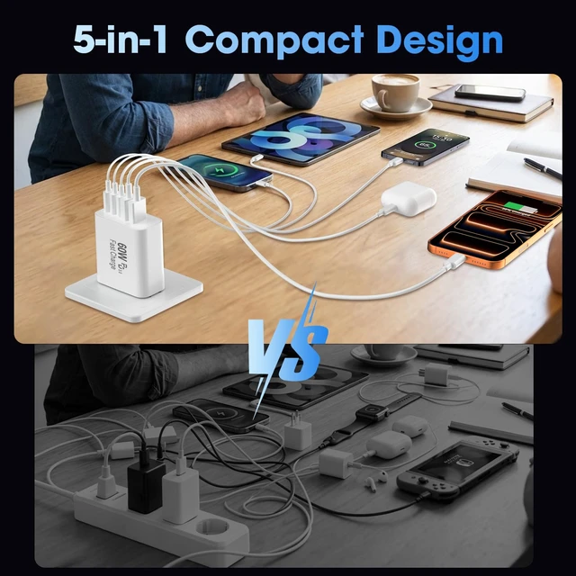 Alt view image 6 of 14 - 60W USB C Charging Block 2-Pack with 6FT Cable (C-C & A-C) 6-Pack, 5-Port Wall Fast Charger Multiport Charging Station, Travel Essentials for iPhone 17 16 15 Pro Max,iPad,Samsung Galaxy,Office & Home